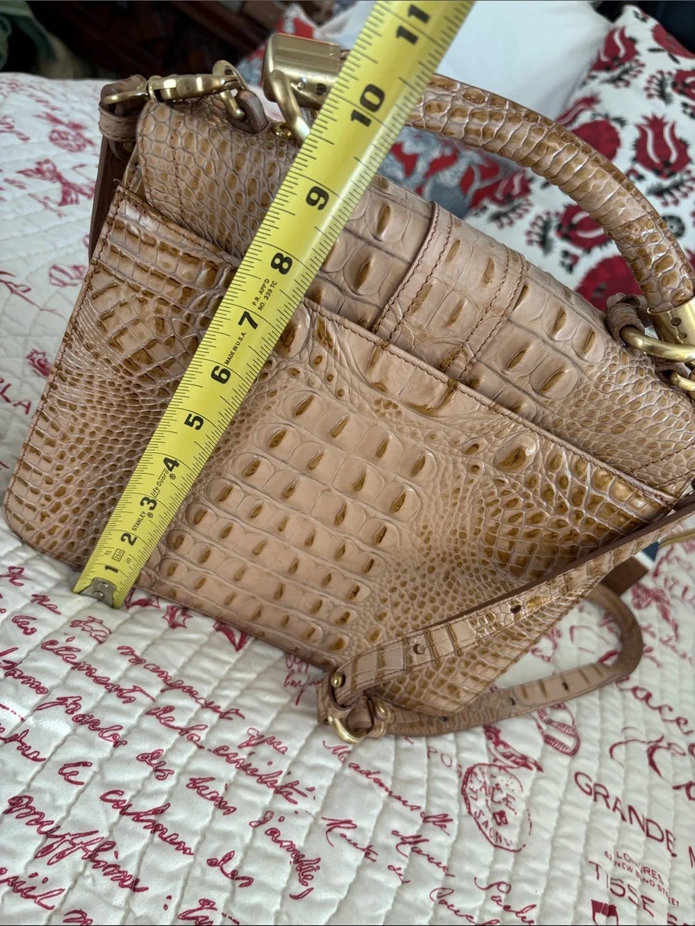 Brahmin Olivia Rose Tan Croc-Embossed Leather Satchel with Gold Hardware